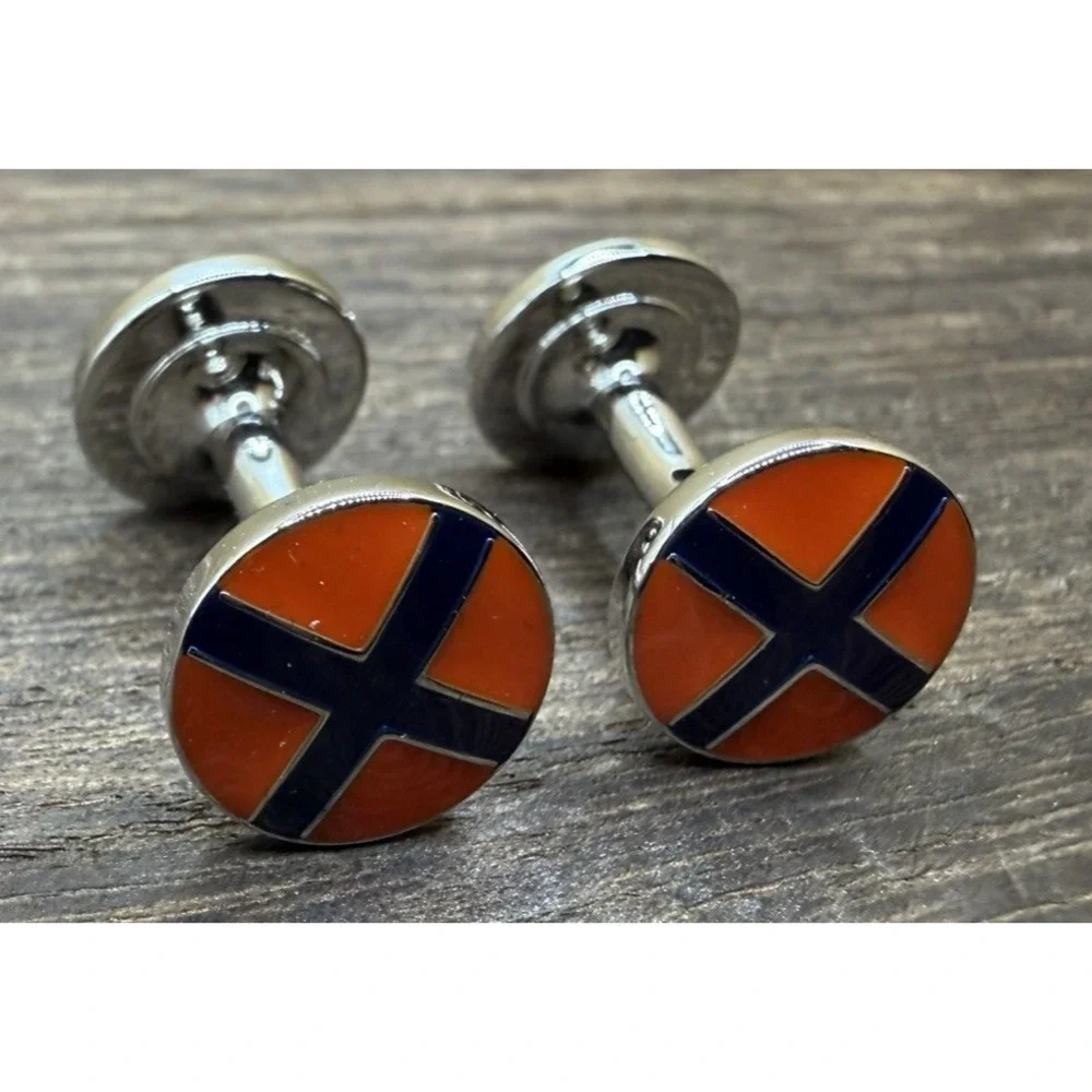 Vintage Sarar Circular Bold Orange Black Cross Silver Toned Cufflinks - W/Case